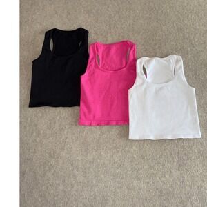 OQQ Womens 3 Pcs Crop Tank Tops Ribbed Seamless Racerback Pink White Small